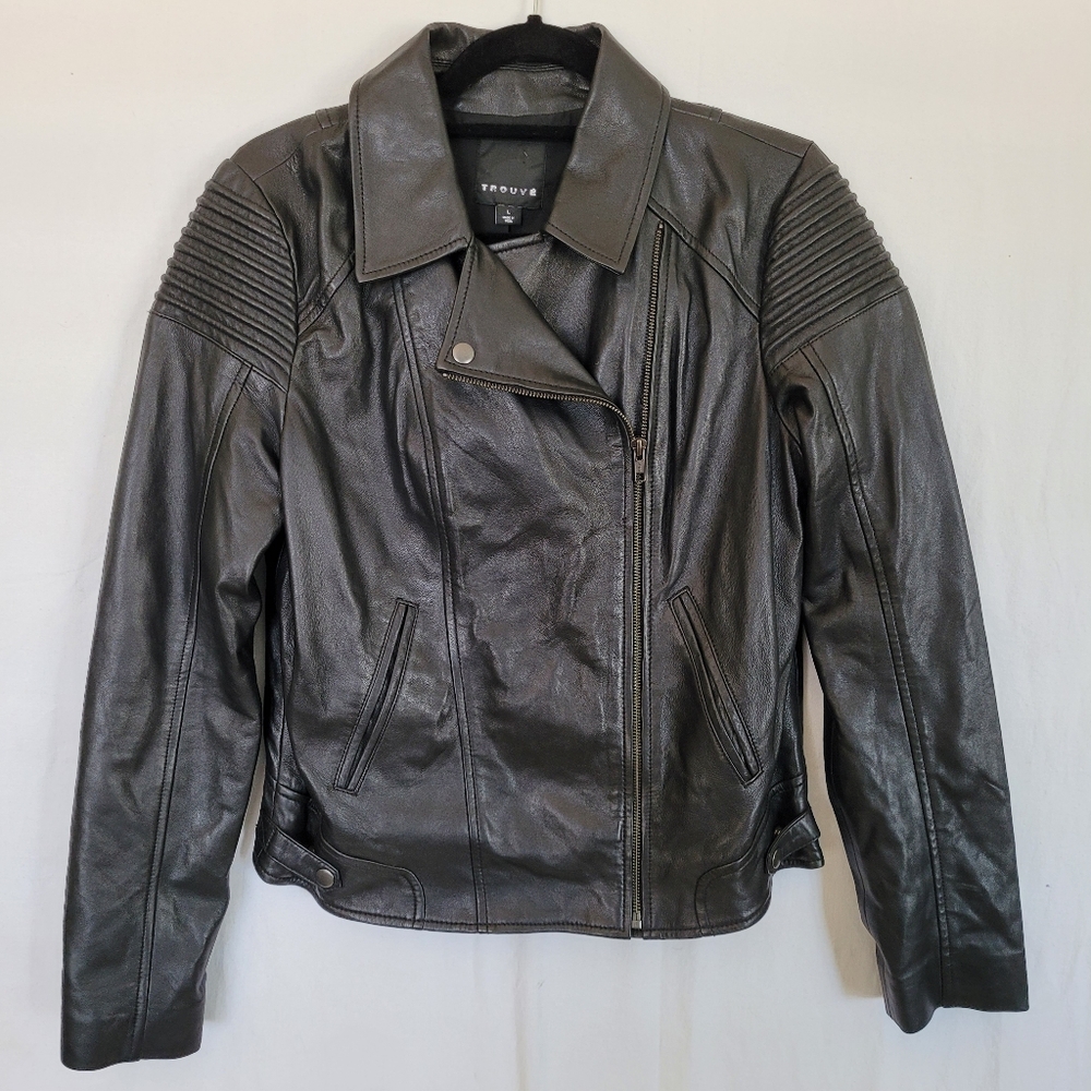 Trouve Leather Moto Jacket Style Size L Black Zipper Front Biker Rocker